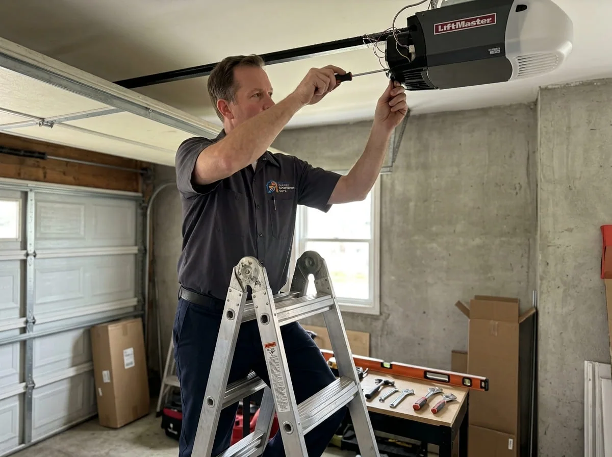 Close-up of a garage door opener photo-eye safety sensor being aligned near the floor track