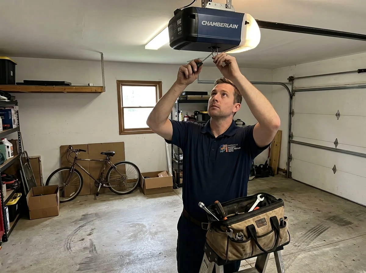 Technician comparing a new garage door panel section's color and profile to the existing door