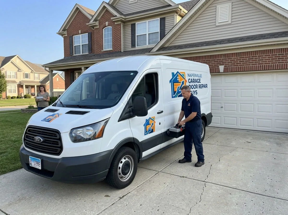 Garage Door Repair in Lisle, Illinois Technician repairing a residential garage door in Lisle, IL near the I-88 corridor