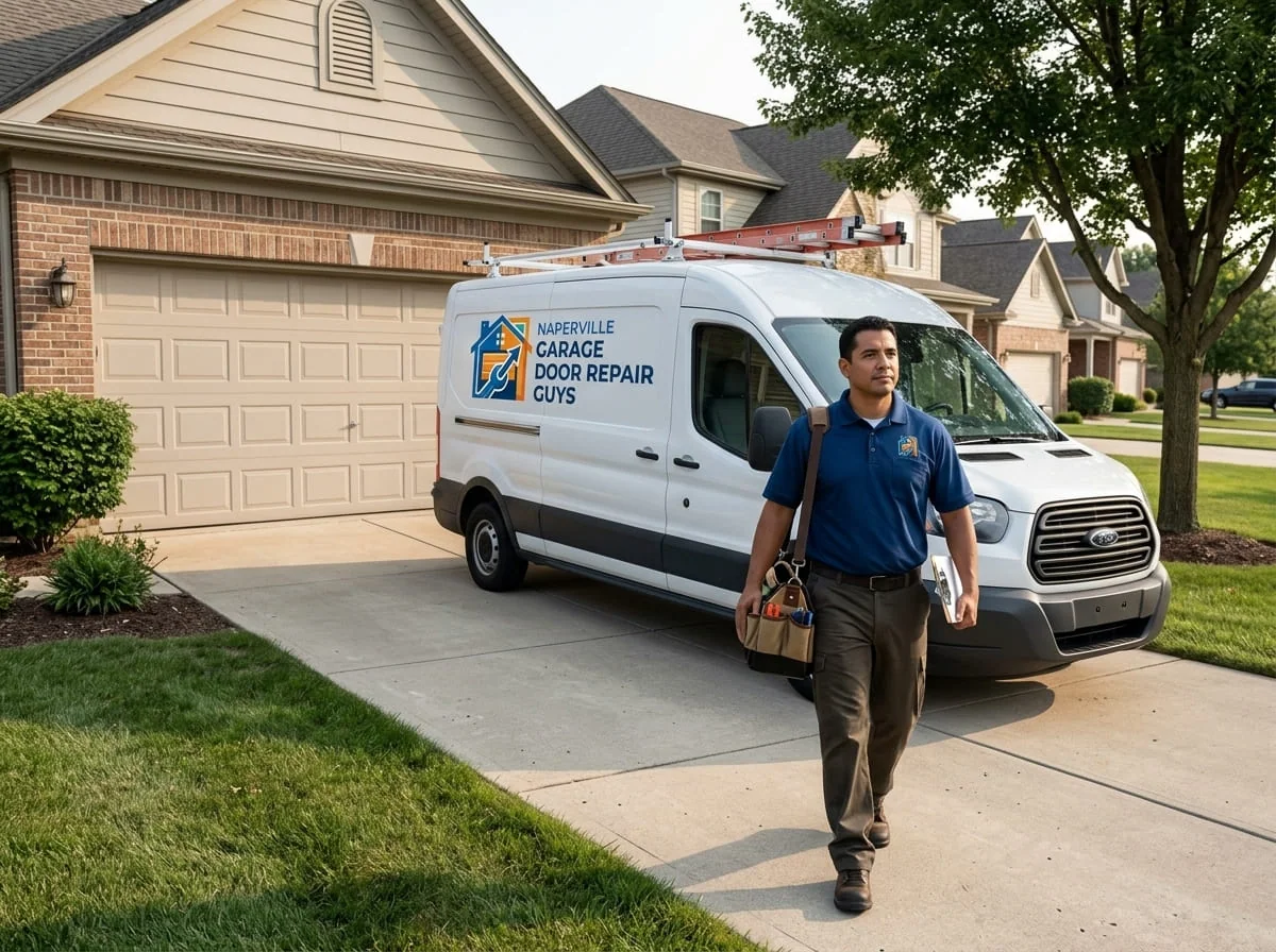 Garage Door Repair in Plainfield, IL Technician repairing a residential garage door in Plainfield, Illinois