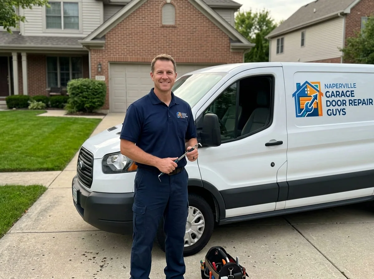 Garage Door Repair Warrenville IL Technician repairing a residential garage door in Warrenville, Illinois near the West Branch DuPage River