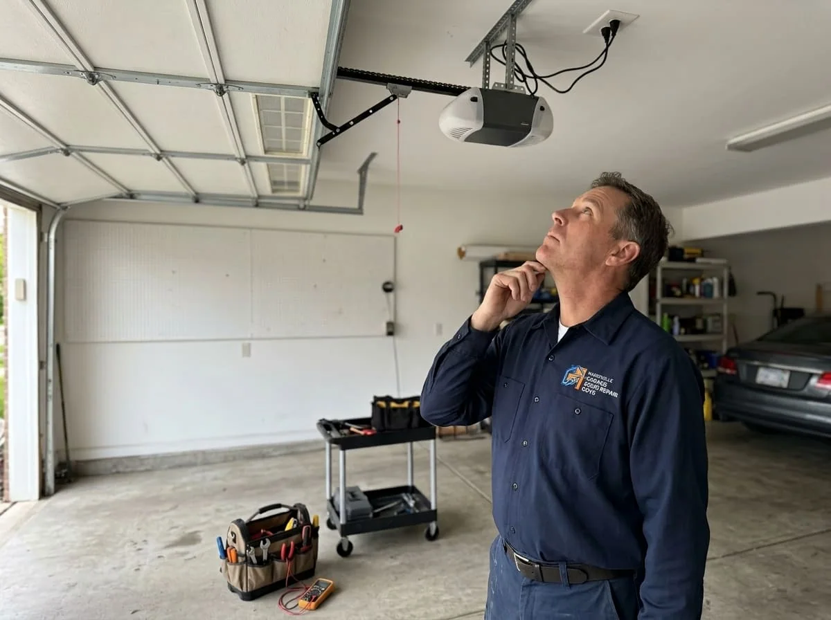 Technician checking garage door track alignment after roller replacement in Naperville