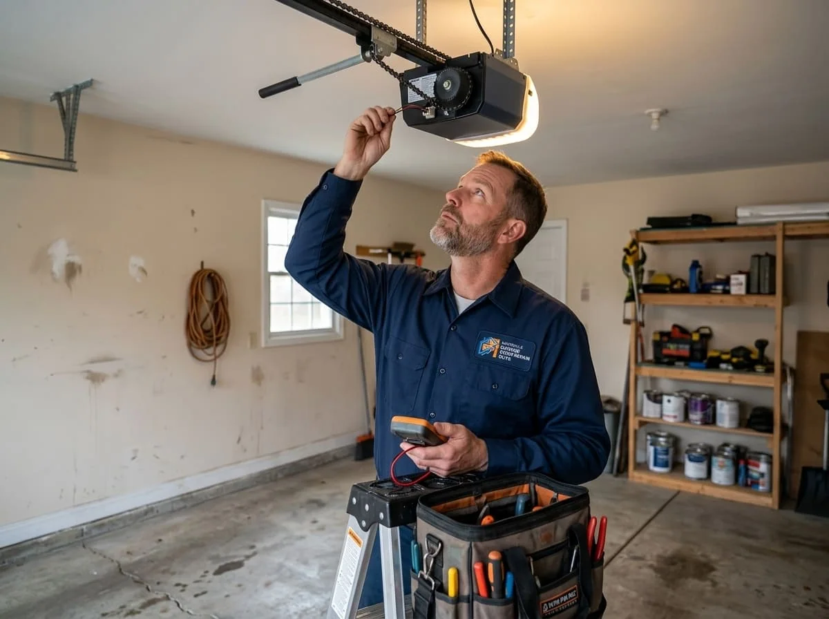 Technician re-securing a garage door track wall bracket