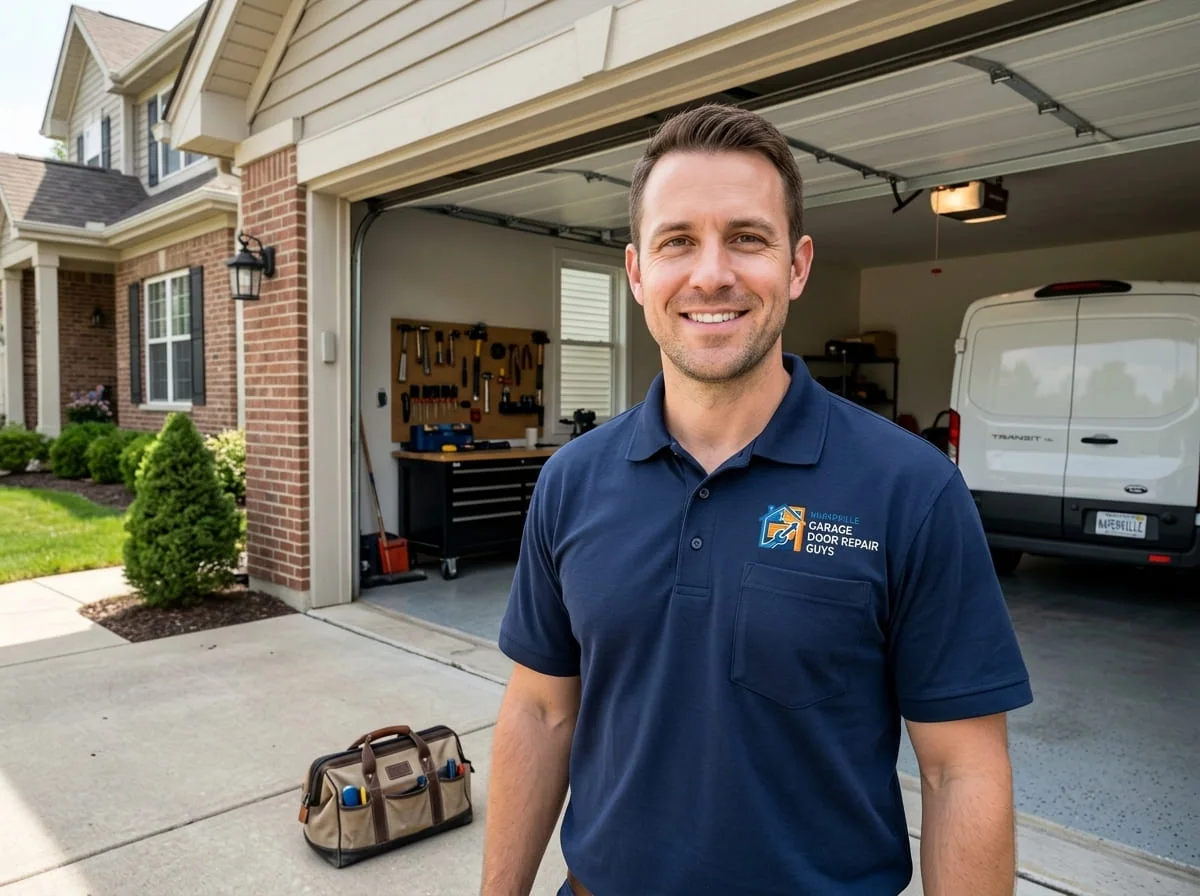 Pete Voss, owner of Naperville Garage Door Repair Guys, on a residential service call
