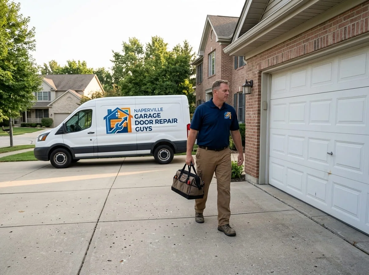 Torsion spring and center bracket being replaced on a garage door in an Oswego, Illinois subdivision