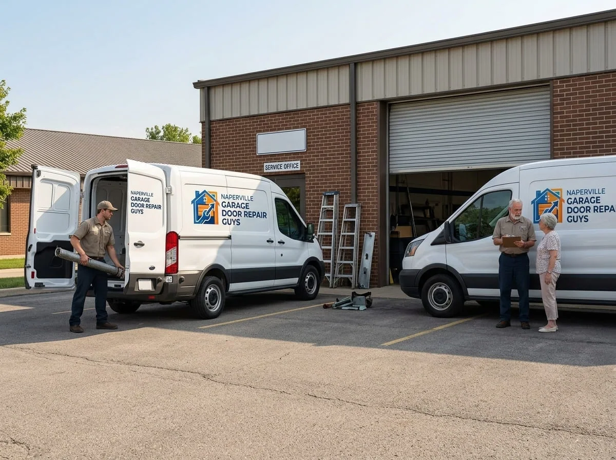 Technician replacing a torsion spring on a garage door in a Plainfield, Illinois subdivision